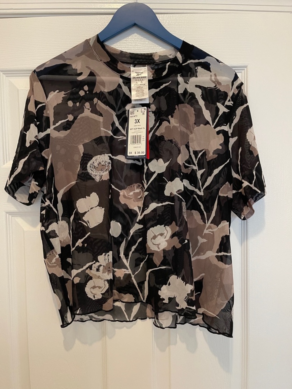 NWT...Reebok Black and Gray Floral Mesh Crop Top